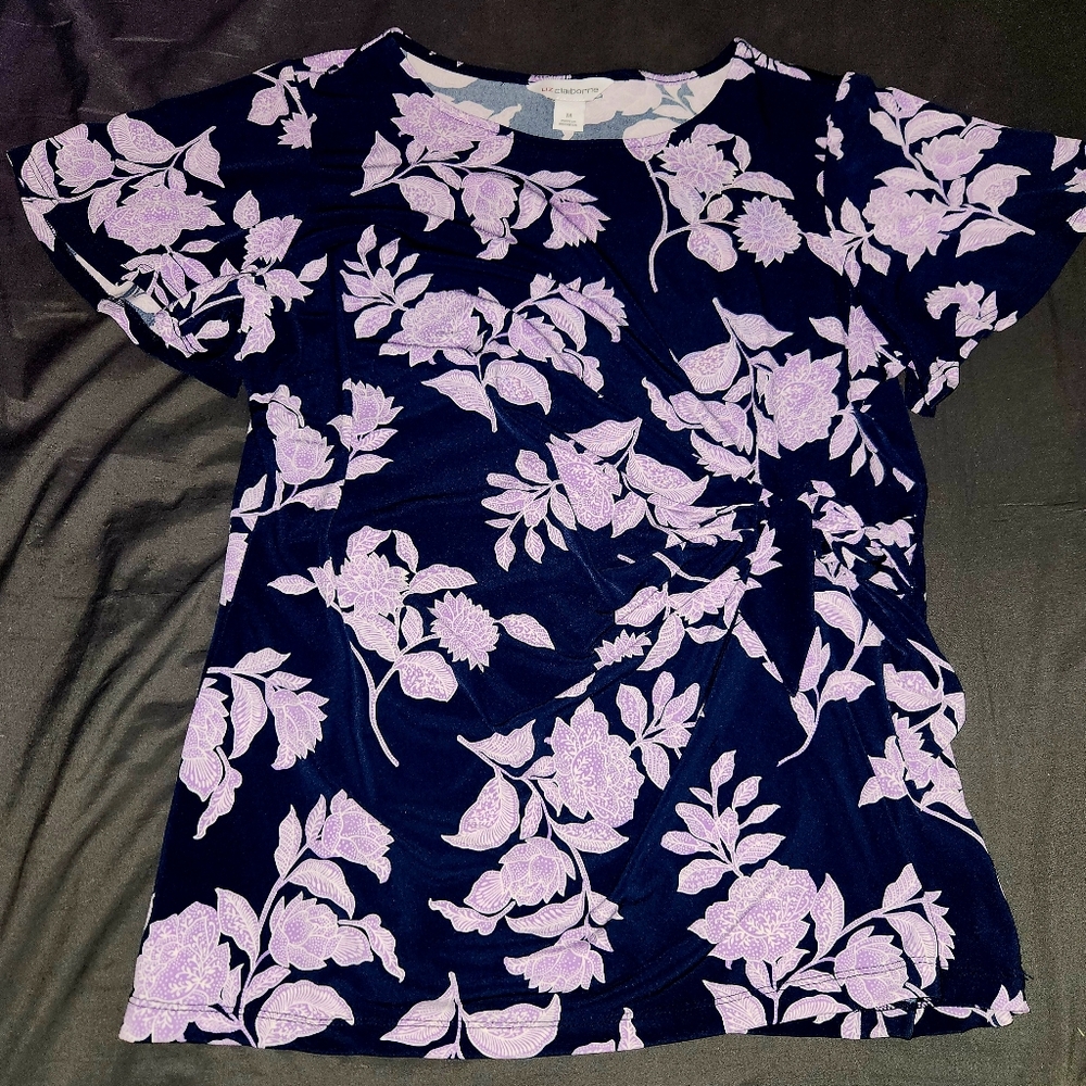 Liz Claiborne Navy and Lavender Floral Short Sleeve Top